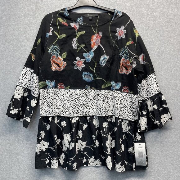 Calessa Tops - Calessa Embroidered Floral Top Womens Medium Black Colorblock Tunic